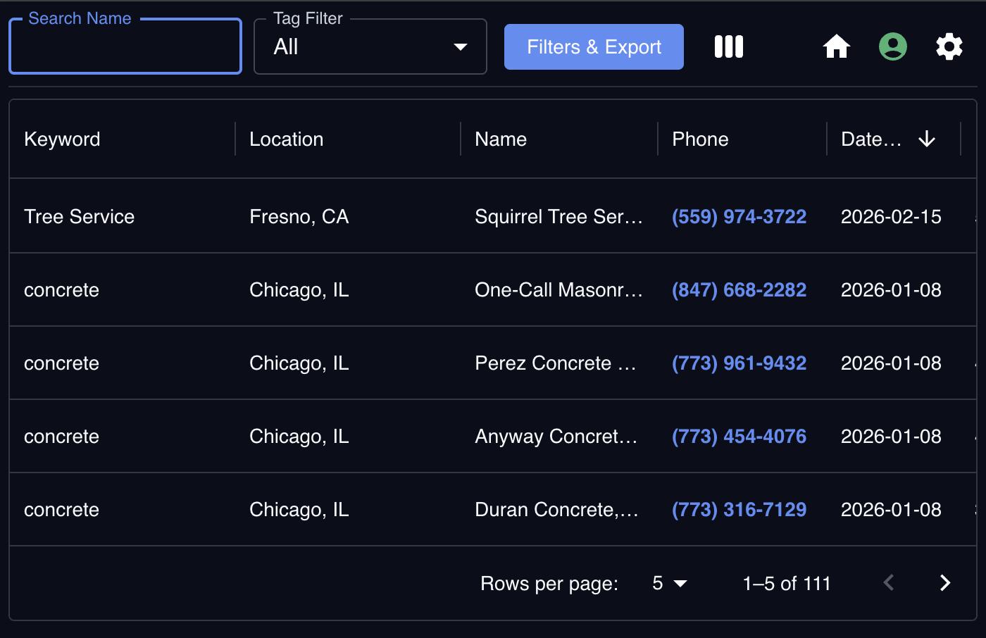 NFP bookmarks page showing saved business listings with keyword, location, name, phone, and date columns