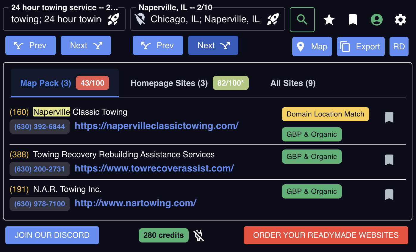 NFP search results showing Map Pack with 43/100 competitiveness score for towing in Naperville, IL