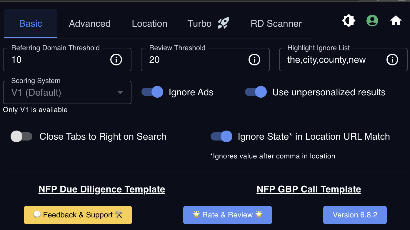 NFP settings page with tabs for Basic, Advanced, Location, Turbo, and RD Scanner configuration